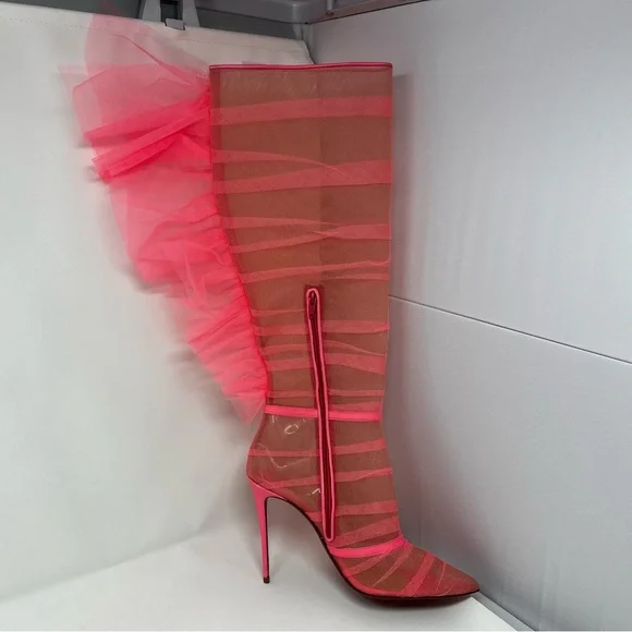 RARE Christian Louboutin SS22 Libellibotta Pink Tulle Knee High Boots Heels 40 - Picture 4 of 15